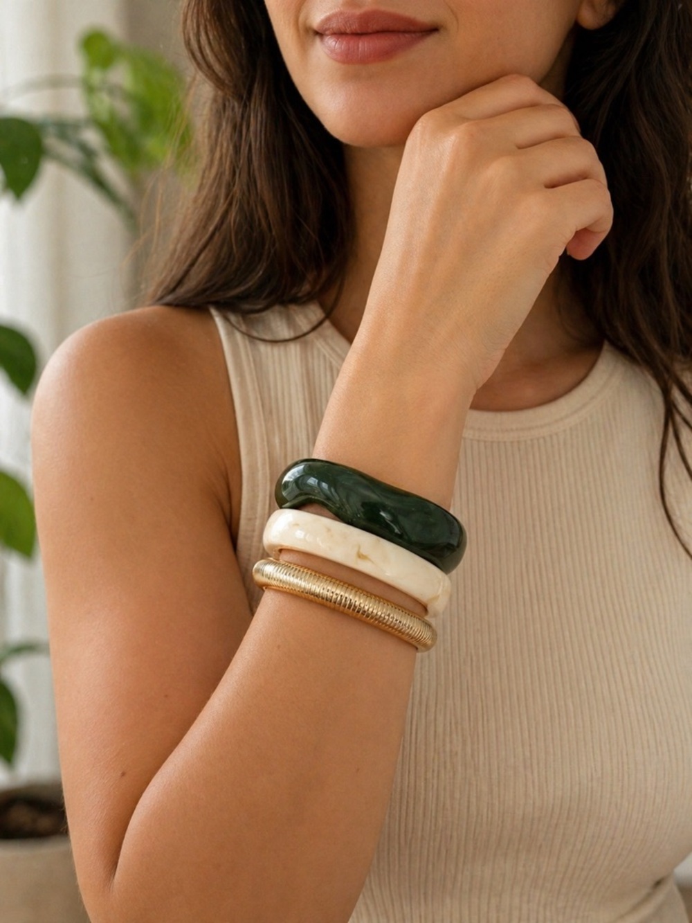 Anthropologie Green, Cream & Gold Stacked Bangle Set